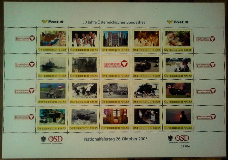 Lot Nr. 378  Personalisierter  Briefmarkenbogen  Nummer 01104, 2005 50 Jahre Österreichisches Bundesheer