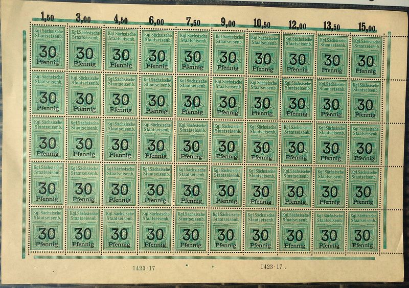 Lot Nr. 490 1911 - 1925 Eisenbahn Fiskalmarken der Königl. Sächsische Staatseisenbahn