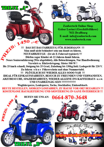 Elektrodreirad, Freizeitfahrzeug ohne Führerschein und Kennzeichen. Neu, Originalverpackt, mit Garantie!