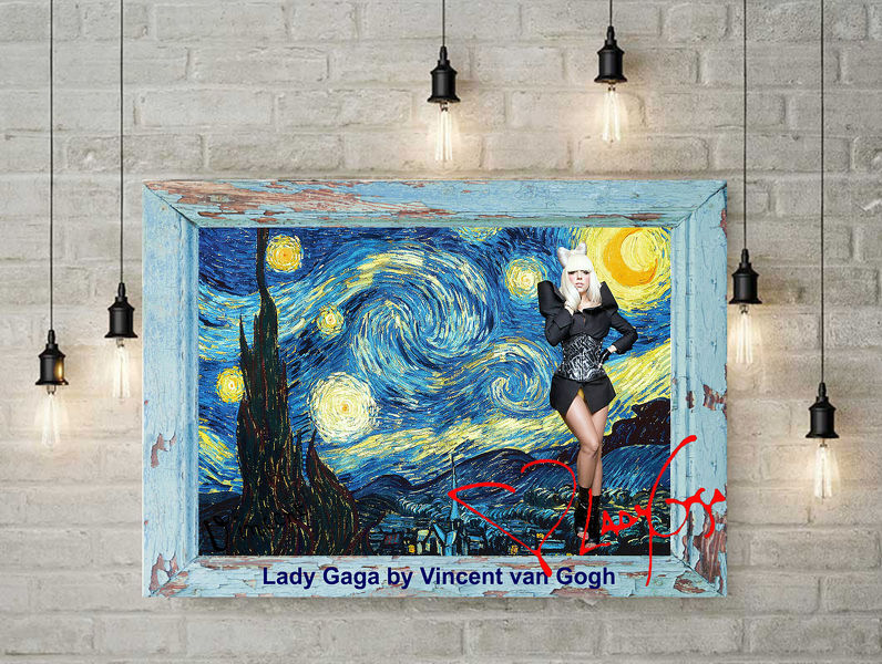 LADY GAGA in "Sternennacht" von Vincent van Gogh. Blickfang! Starsouvenir. Super Deko. Geschenkidee. Einmalig! Wandbild. Neuheit! Zimmerdeko. Unikat!