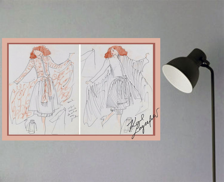 KARL LAGERFELD: 2 Seltene Modeskizzen. Einmalige Memorabilia! Souvenir. Extravagantes Sammlerstück! Geschenkidee. Wandschmuck.