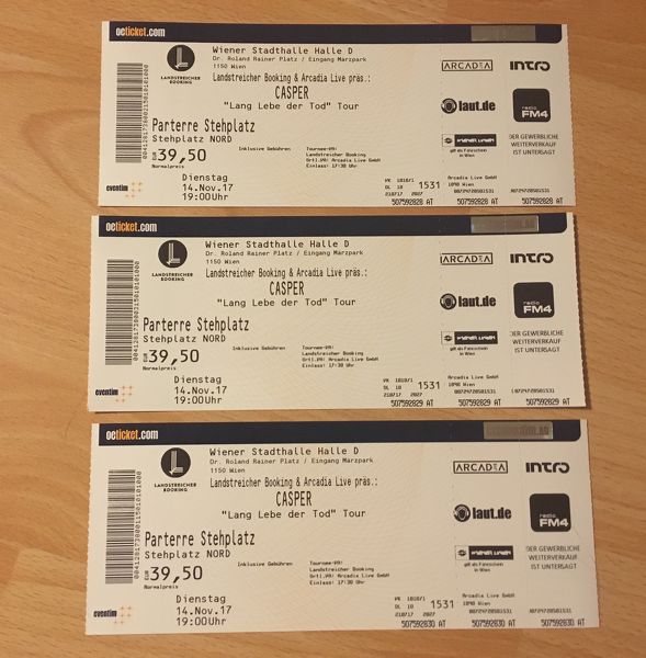 3 Casper Karten f&uuml;r Wien zu verkaufen!