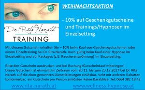 10% auf Geschenkgutscheine und Trainings/Hypnosen im Einzelsetting